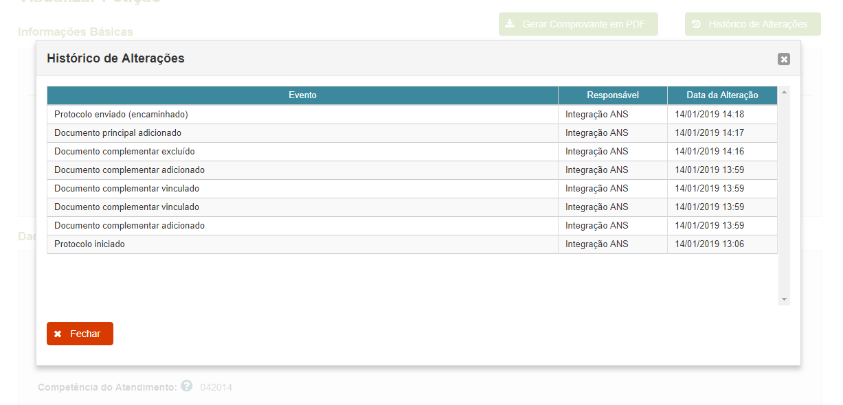 Detalhe da tela de histórico de alterações