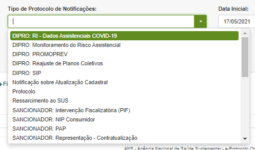 Imagem do campo de tipo de protocolo de notificações.
