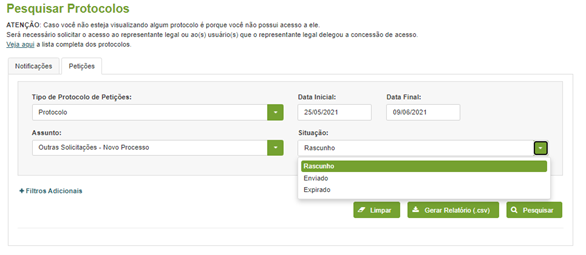 Imagem da tela de petições.