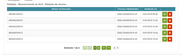 Tela de petições em rascunho.
