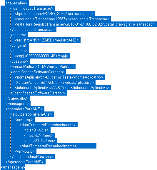 Exemplo de XML, código hash gerado.