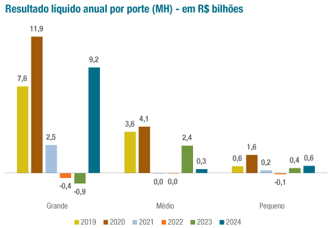 No gráfico acima, é possível observar a evolução do resultado líquido das operadoras médico-hospitalares por porte a cada ano.