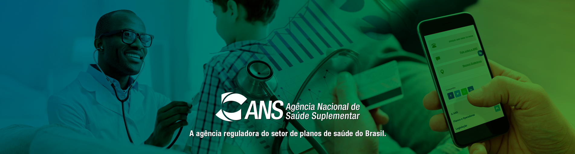 Imagem com os dizeres: ANS - Agência Nacional de Saúde Suplementar. A agência reguladora do setor de planos de saúde do Brasil.