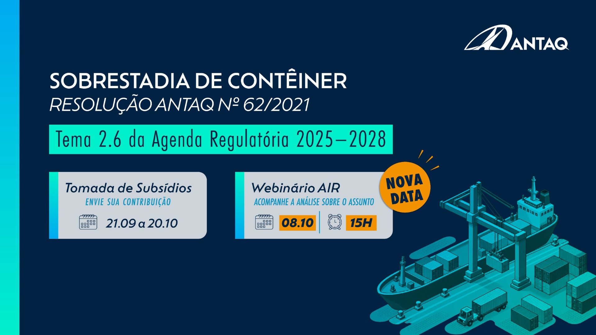 Encontro sobre o Tema 2.6 da Agenda Regulatória será realizado em 08/10, às 15h; prazo para envio de contribuições permanece até 20/10