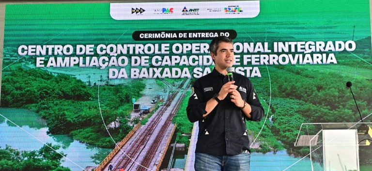 Diretor-Geral da ANTT, Guilherme Theo Sampaio, discursa durante cerimônia de entrega do Centro de Controle Operacional (CCO) Integrado da Baixada Santista