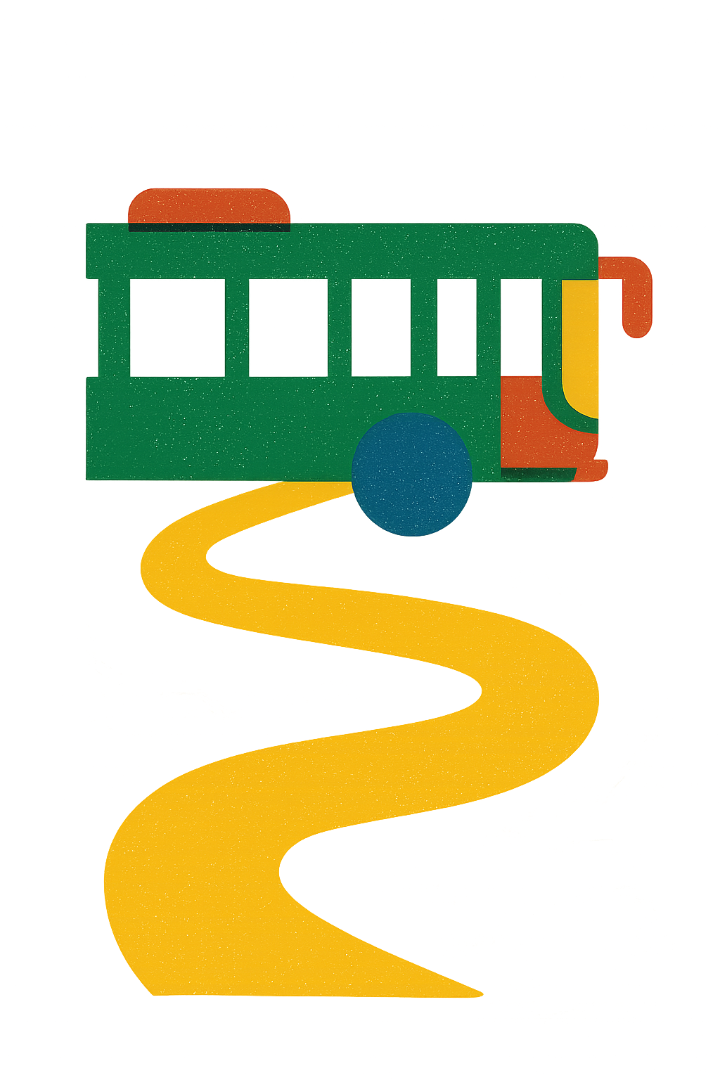 Ilustração de um ônibus de viagem, um ônibus urbano e uma van, representando os serviços de transporte de passageiros.