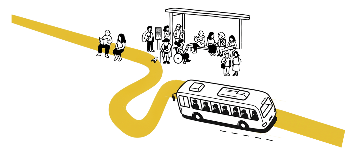 Onibus e passageiros ao redor