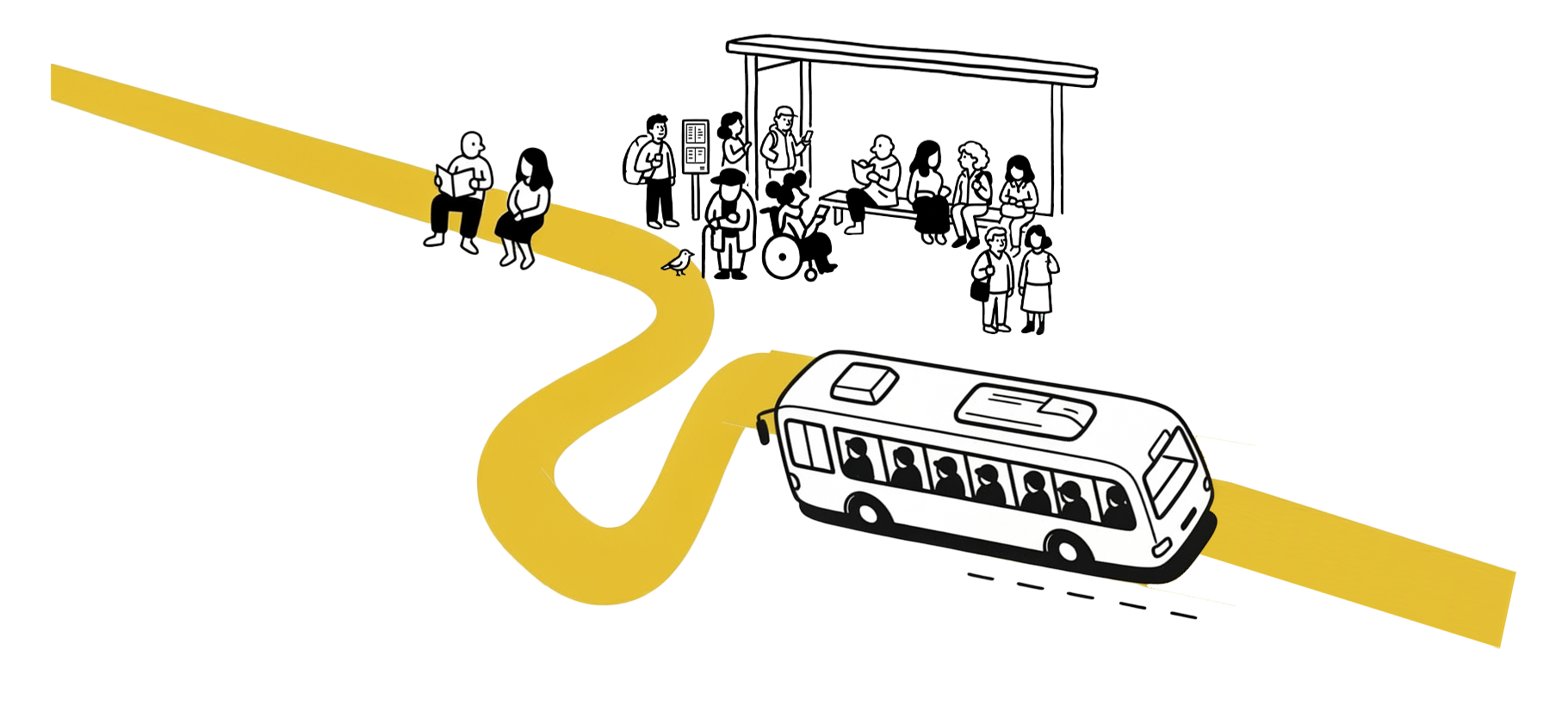 Onibus e passageiros ao redor