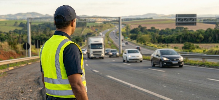 um funcionario uniformizado numa rodovia