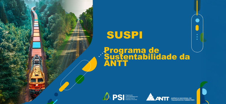 Imagem ilustrativa de uma rodovia com carros e uma ferrovia com trem e floresta ao fundo