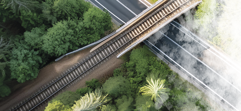 Foto mostrando montagem envolvendo meio ambiente, sustentabilidade, rodovias e ferrovias