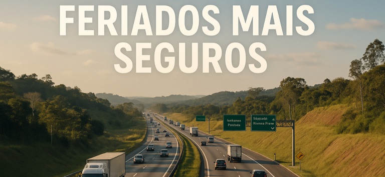 Arte com rodovia federal, carros e caminhões, escrito feriados mais seguros