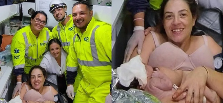 Foto montagem mostrando equipe m´édica, mãe e bebê na ambulância