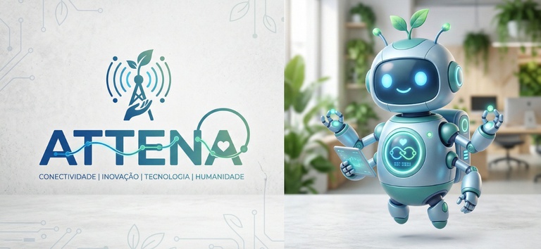 Arte com a logo e o avatar robô da ATTENA