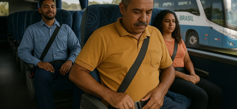 Foto mostrando passageiros dentro de ônibus interestadual usando o cinto de segurança