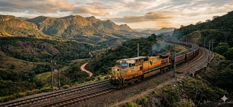 Ilustração realista de trem percorrendo ferrovia