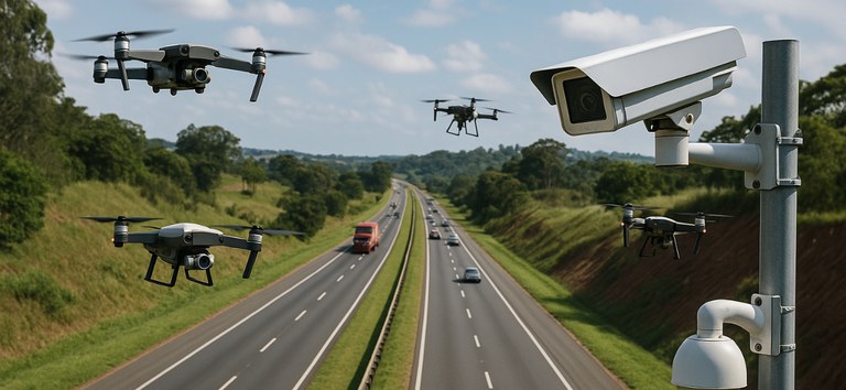 Rodovia brasileira sendo monitorada por drones e câmeras