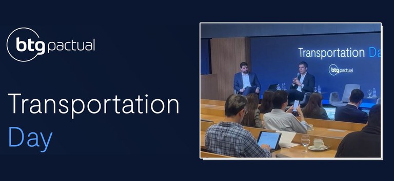 Montagem com fundo azul, escrito BTG Pactual Transportation Day, e foto do DG Gulherme Theo Sampaio
