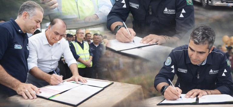 Foto montagem com as fotos do ministro e do DG ANTT assinando a OS do PPD