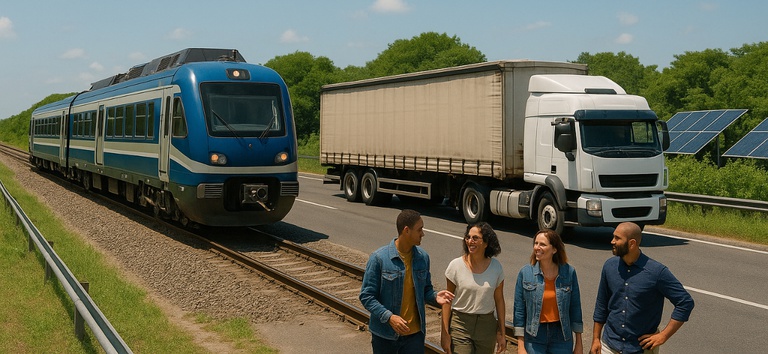 Arte mostrando trem ecológico, caminhão ecológico em rodovia e ferrovia e meio ambiente