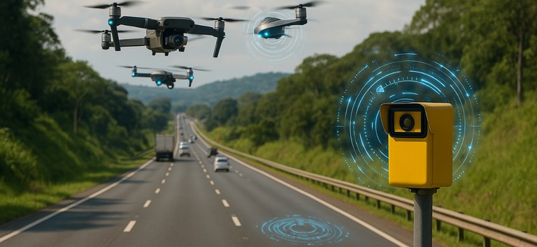 Imagem mostrando rodovia, drones e pardal fiscalizando
