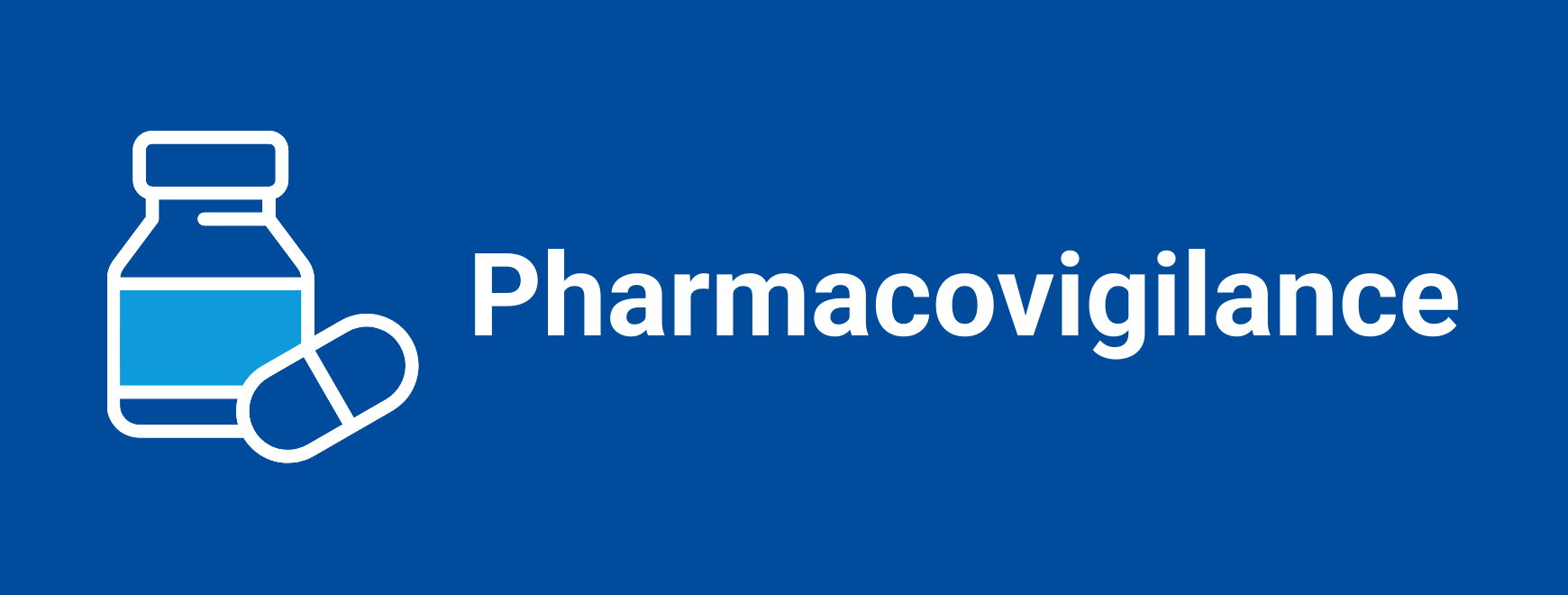 banner de fundo azul com icones de medicamentos e o texto: phamacovigilance