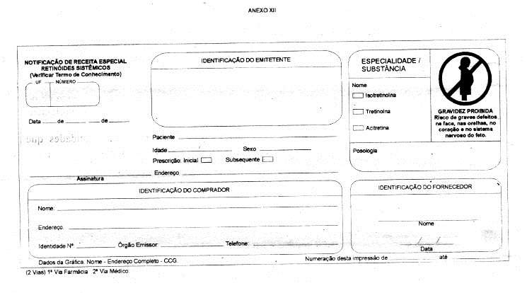 Notificação de Receita Especial retinoides - Anexo XII - Port. 344