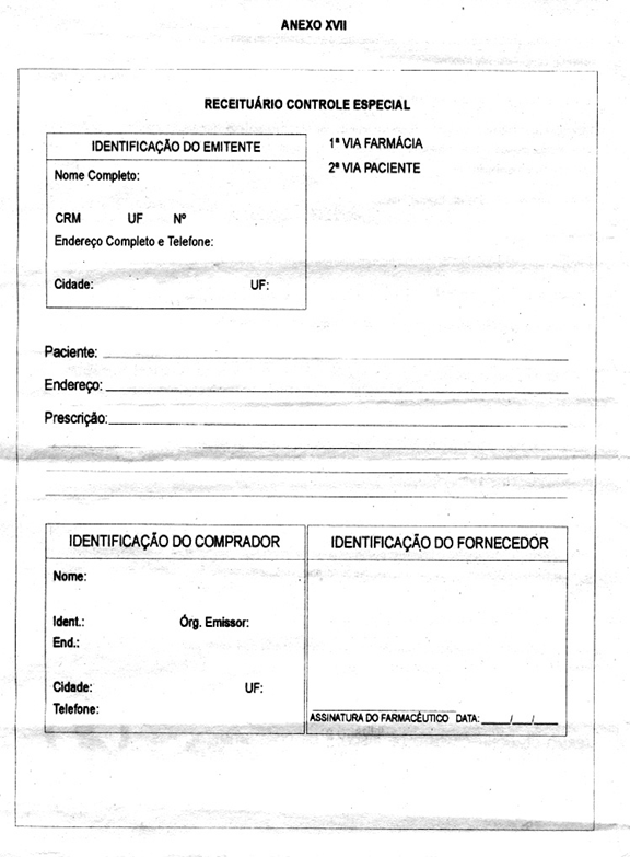 RECEITA DE CONTROLE ESPECIAL Anexo XVII revogado da Port. 344