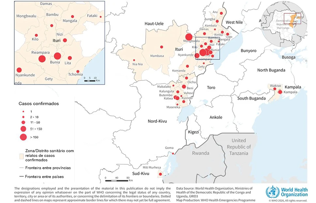 Mapa com áreas afetadas pelo vírus Bundibugyo