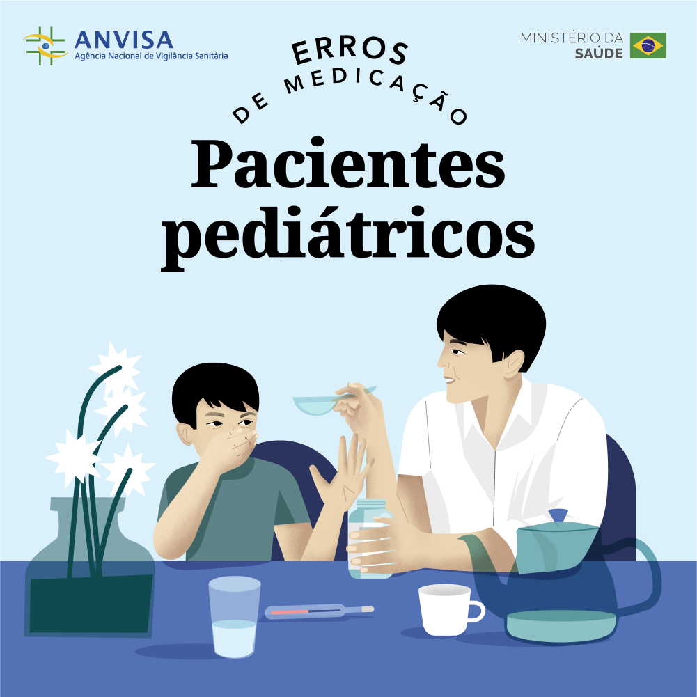 Criança recebe medicamento líquido de um adulto, com itens de cuidado sobre a mesa.