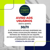 Atendimento suspenso na sede - dia 30/11