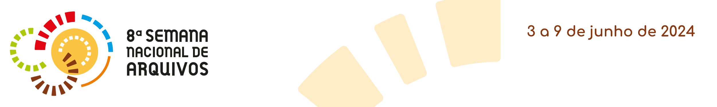 imagem com fundo na cor branco, ao lado esquerdo a logomarca que é composta por segmentos de círculos tracejados nas cores branco, marrom, verde, vermelho, azul e laranja, em torno de um círculo amarelo, simulando uma engrenagem. Ao lado há o texto “8ª Semana Nacional de Arquivos” na cor preta, ao centro segmentos de círculos tracejados na cor laranja claro e à direita o texto