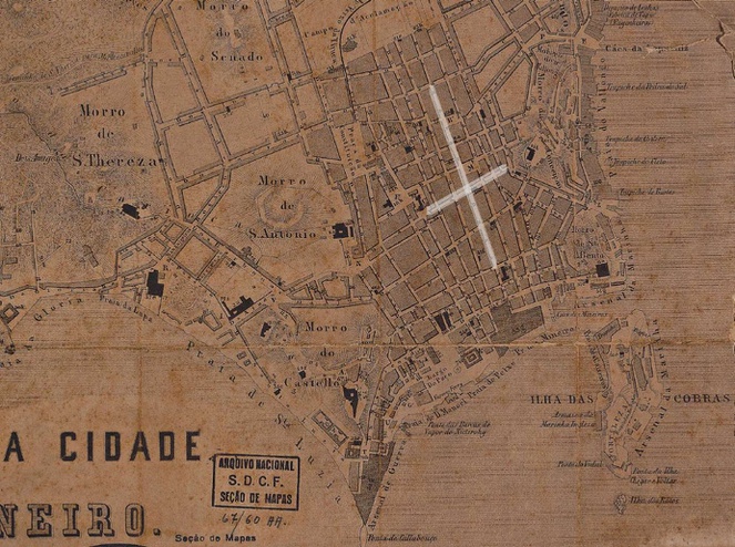 Mapa da corte (1865) com destaque para as ruas do Sabão e da Vala