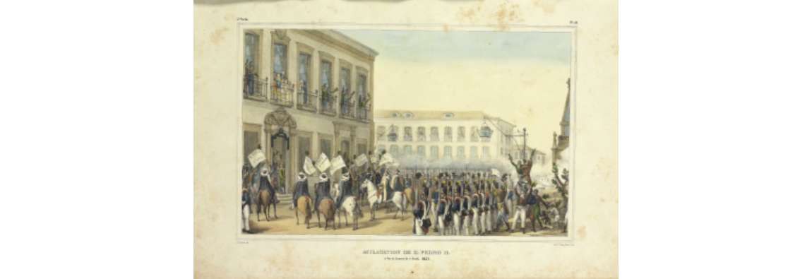 Obra de Jean Baptiste Debret da Aclamação de Pedro II como Imperador do Brasil, após a Abdicação de D. Pedro I, a 9 de abril de 1831.