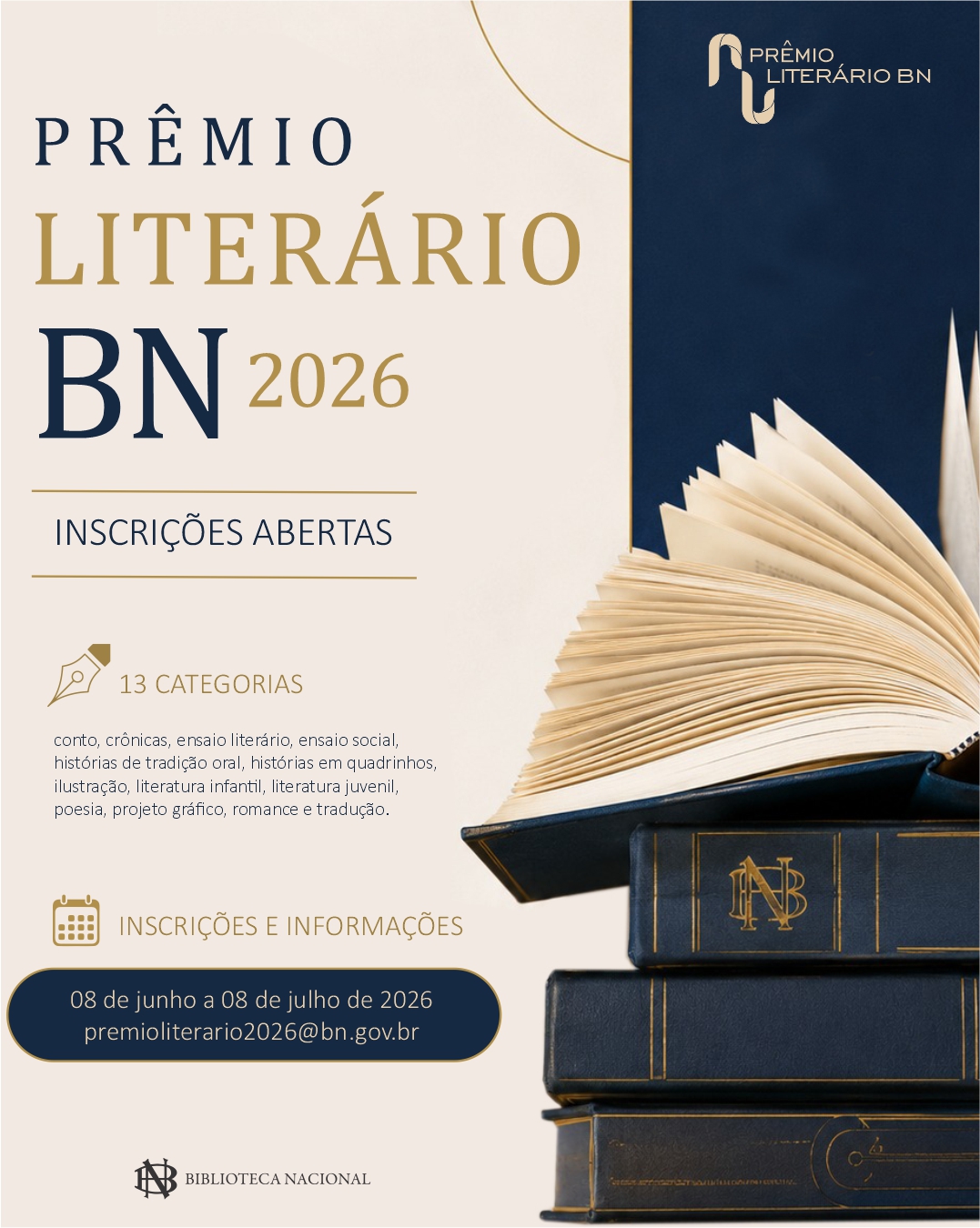 Prêmio Literário Biblioteca Nacional 2026 tem inscrições abertas até 8 de julho