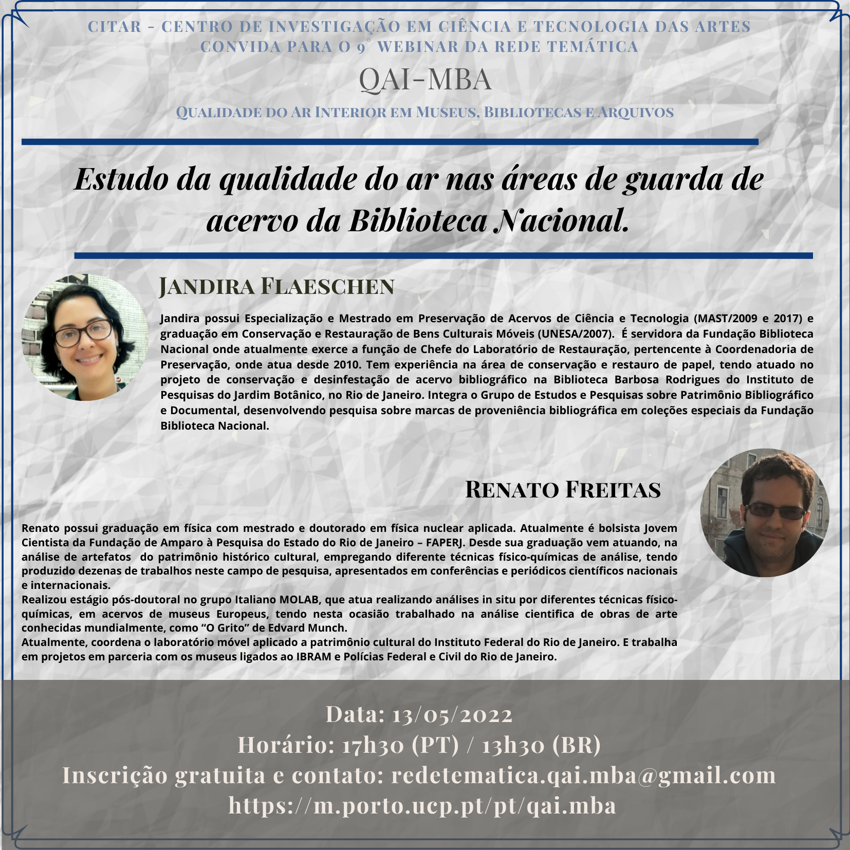 Convite  9˚ Webinar da Rede Temática sobre a qualidade do ar em museus,  bibliotecas e arquivos (QAI-MBA) — Fundação Biblioteca Nacional