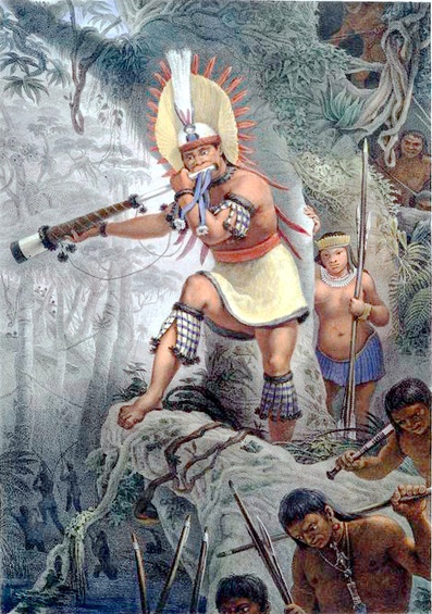 Le Signal de Combat - Coroados (Bororo). (Sinal de combate (Coroados)) In: Voyage pittoresque et historique au Brésil. Entre 1834 e 1839. New York Public Library - Digital Gallery.