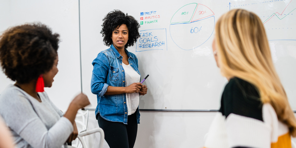 Mulher liderando uma reunião de brainstorming