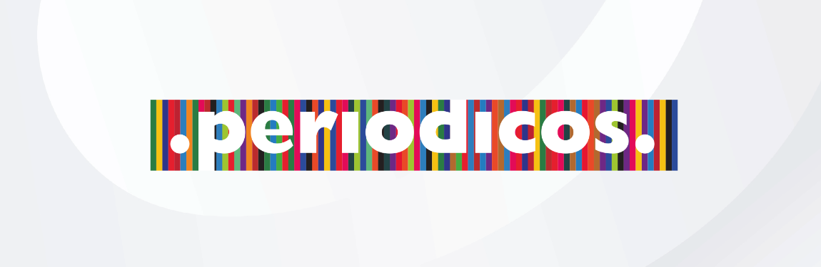 Banner “periódicos” sobre faixa multicolorida em fundo cinza claro.