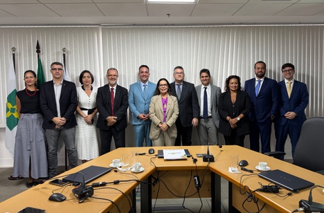 Imagem: Representantes da CAPES e do Consórcio Nordeste reunidos; Denise Pires de Carvalho e Paulo Dantas (com terno azul-claro) estão no centro da foto (Julia Prado - ASCOM/CAPES)