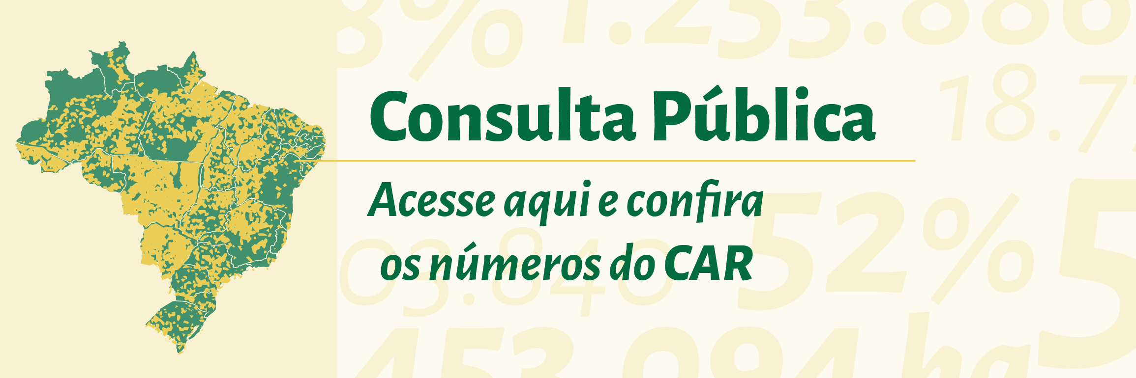Mapa do Brasil com as áreas do CAR marcadas e o texto: Consulta Pública. Confira os números do CAR