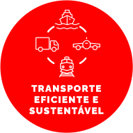 Botão com fundo vermelho, contém um ícone de um círculo com vários tipos de veículos. Texto: transportes