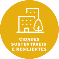 Botão contém um ícone de dois prédios e uma árvore. Texto Cidades Sustentáveis e Resilientes