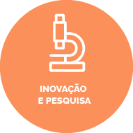 Botão com fundo laranja suave, contém um ícone de um microscópio. Texto: Inovação e pesquisa