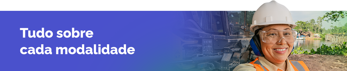 Uma trabalhadora sorri. Ela usa colete, óculos e capacete de proteção. Texto: Tudo sobre cada modalidade