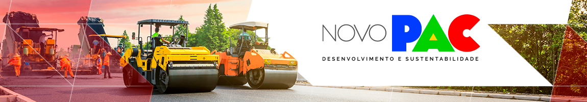 Caminhões asfaltando a rua. Texto: Novo pac desenvolvimento e sustentabilidade