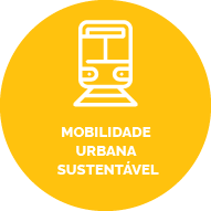 Botão com fundo amarelo escuro, contém um ícone de um metrô. Texto: Mobilidade Urbana Sustentável