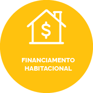 Botão com fundo amarelo escuro, contém um ícone de uma casa com um cifrão dentro. Texto Financiamento Habitacional