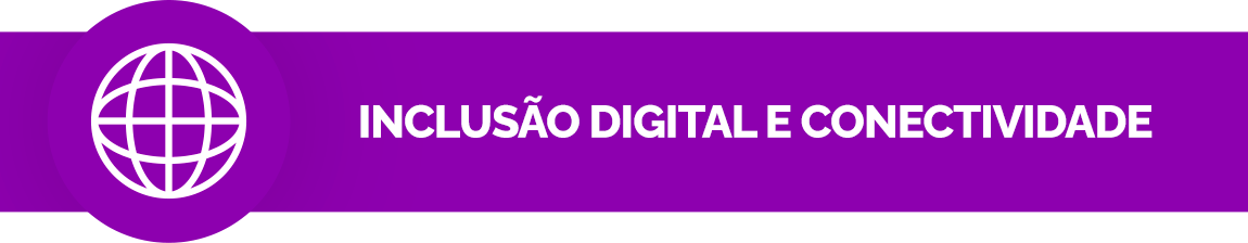 Fundo roxo. Ícone de um globo. Texto: Inclusão digital e conectividade