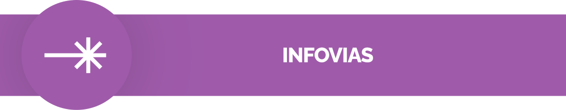 Fundo roxo. Desenho vetorial de uma via com bifurcações/conexões. Texto: Infovias